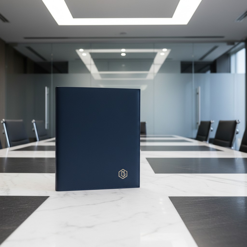 A dark book on a white marble table